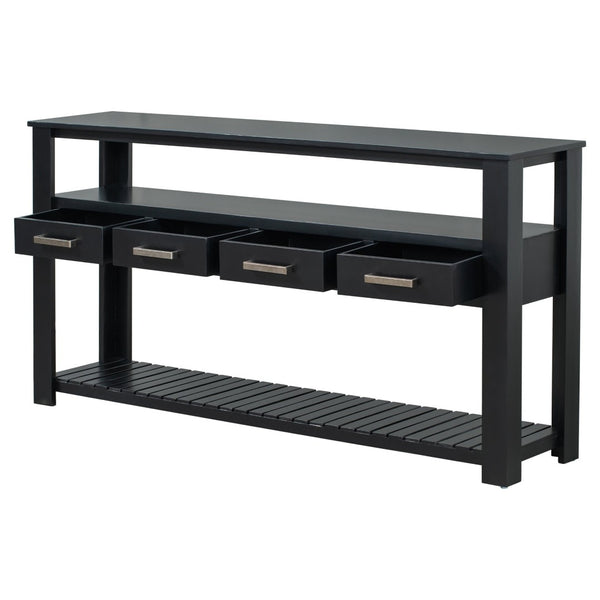 English Elm U_style Wide Painted Console Table Four Drawers Open Shelves Foyer Living Room Black N711P410406B