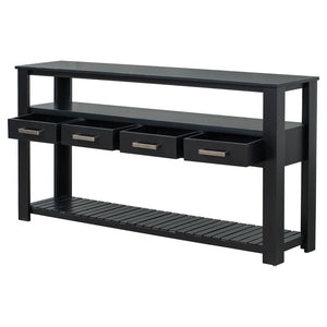 English Elm U_style Wide Entryway Console Table with Four Drawers and Open Shelving Storage N711P234484B