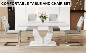 English Elm Table And Chair Set - Modern Marble Pattern Mdf Dining Table With 4 Light Gray Pu Chairs, Stylish Design W1151S02187-GIGA