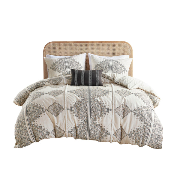 English Elm King/Cal Rustic Geometric 4-Piece Microfiber Duvet Cover Set with Chenille Trim & Throw Pillow, OEKO-TEX Certified B035P148372