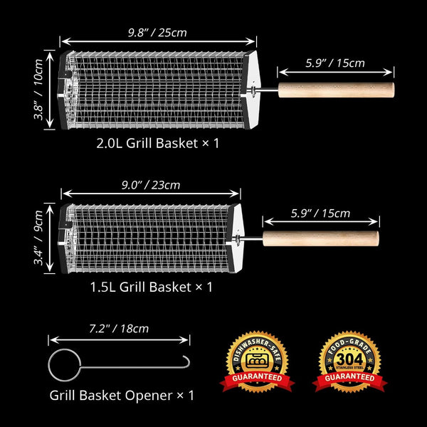 English Elm Stainless Steel Mesh Rolling Grill Basket with Detachable Wooden Handle Outdoor W2181P480510