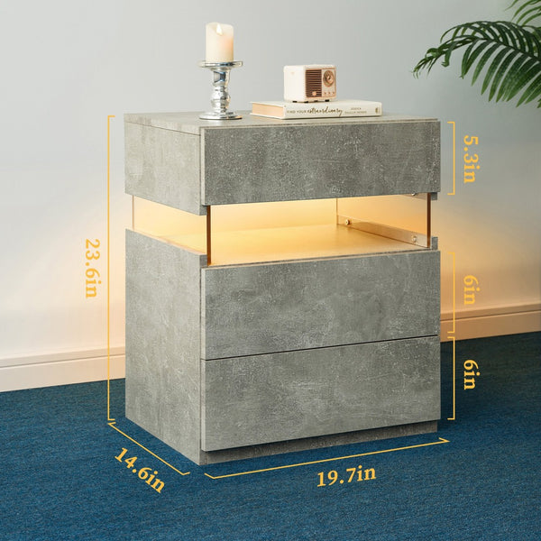 English Elm Led Nightstand with Rgb Acrylic Glow Panel Three Drawers Walnut Bedroom Table Gray W2178P412305