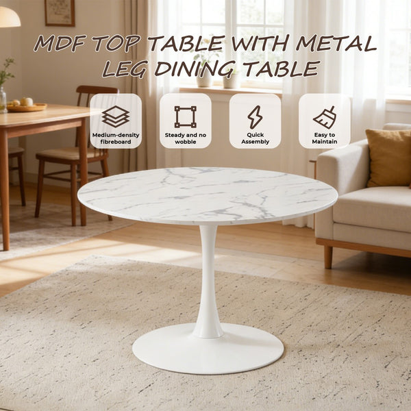 English Elm 42.1" Round Marble Look Pedestal Dining Table Mid Century Modern Seats Six White W234P453955