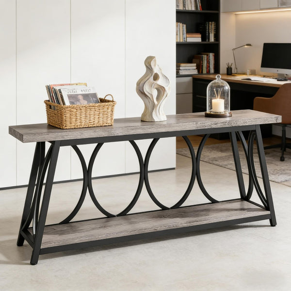 English Elm Hall Console Table Industrial Rustic Two Tier Wood Tone Metal Frame Entryway Sofa T3971P450421
