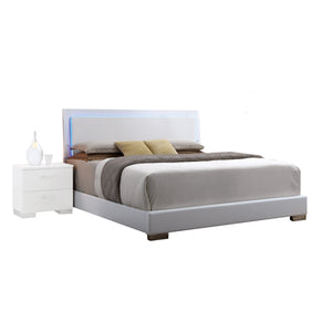 English Elm White Queen Bed with Adjustable LED Headboard, Sturdy Wooden Slats, White Faux Leather, Chrome Trim, Durable Support and Ambient Lighting for Reading and Relaxation B062S00584