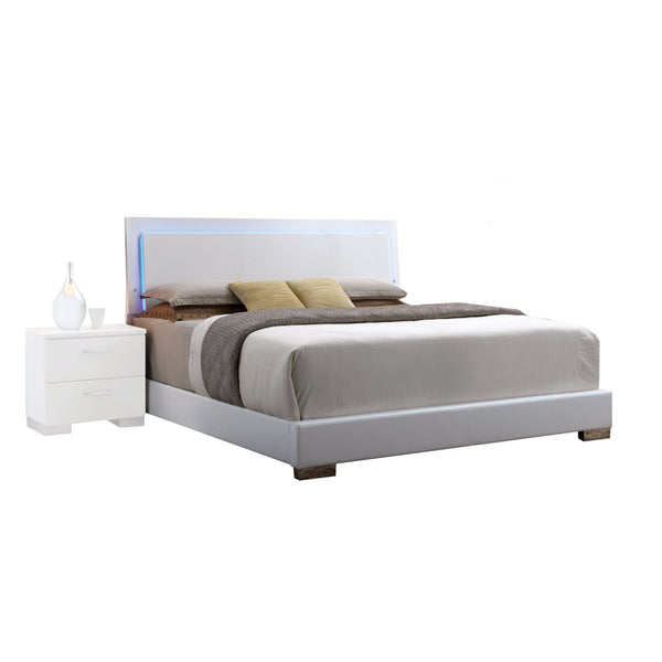 English Elm White Queen Bed with Adjustable LED Headboard, Sturdy Wooden Slats, White Faux Leather, Chrome Trim, Durable Support and Ambient Lighting for Reading and Relaxation B062S00584