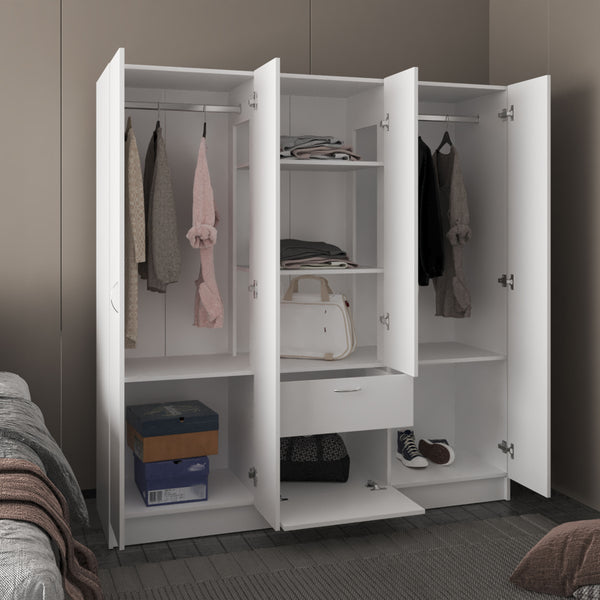 English Elm Mitu Six Doors Armoire White - 71.2" High MDF Wardrobe with 7 Shelves, Hanging Rods & Spacious Drawer B200S00426
