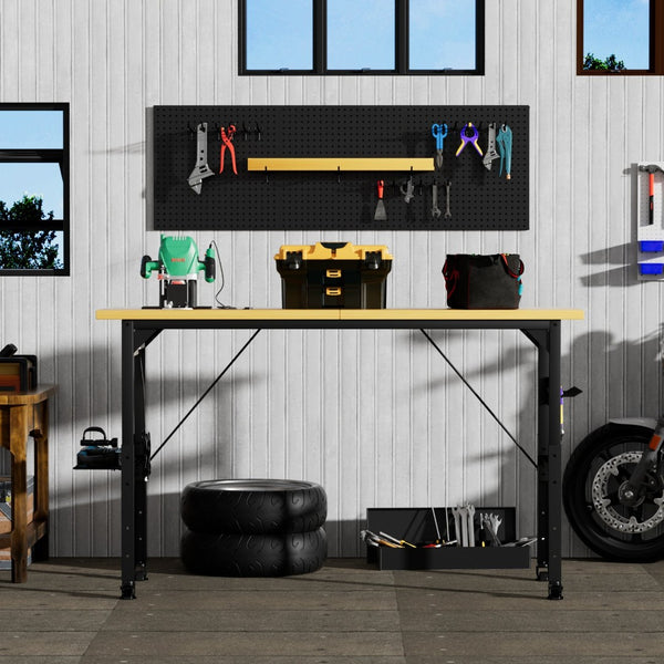 English Elm 71''adjustable Rolling Workbench with Pegboard Power Strip and Locking Wheels for Garage W1162P384342