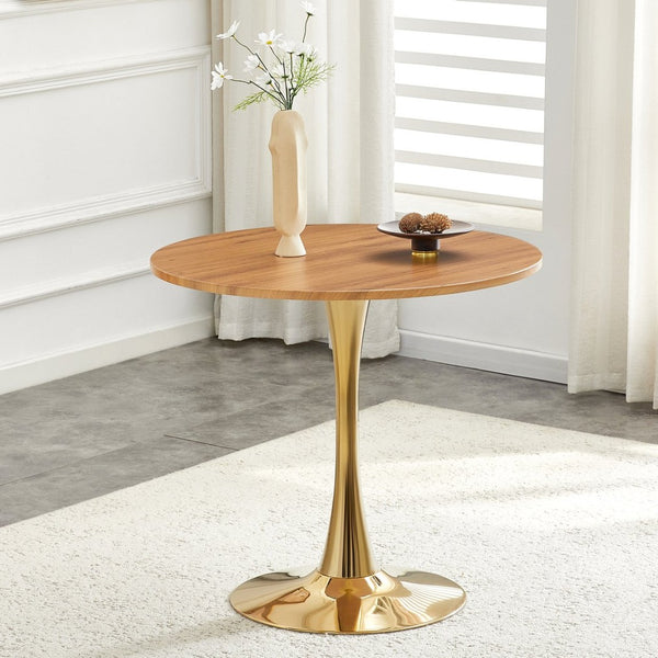 English Elm Round Faux Marble Tulip Pedestal Dining Table Mid Century Modern for Small Bistro Spaces Gold,Wood W2920P401552