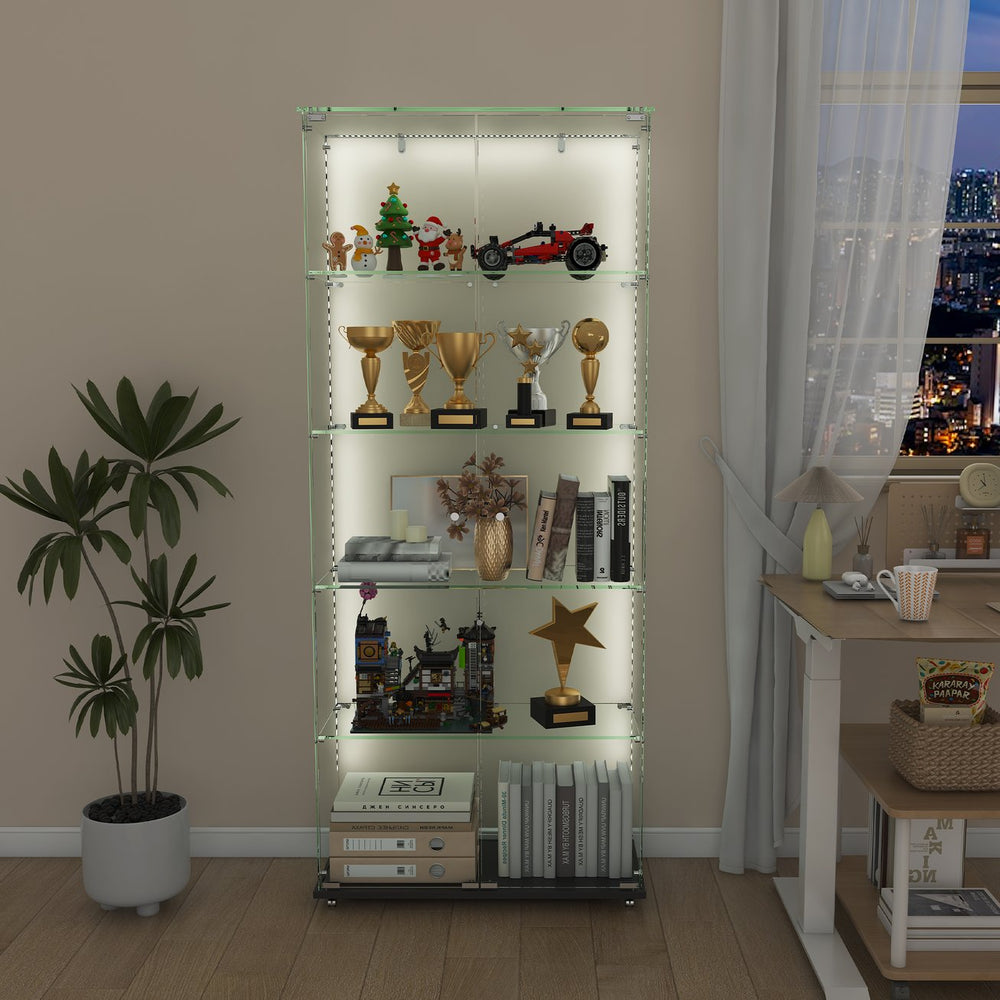 English Elm 5-Tier Glass Display Cabinet with 5 LED Modes, Tempered Glass, Double Doors, Sturdy Steel Hardware W2700P353067
