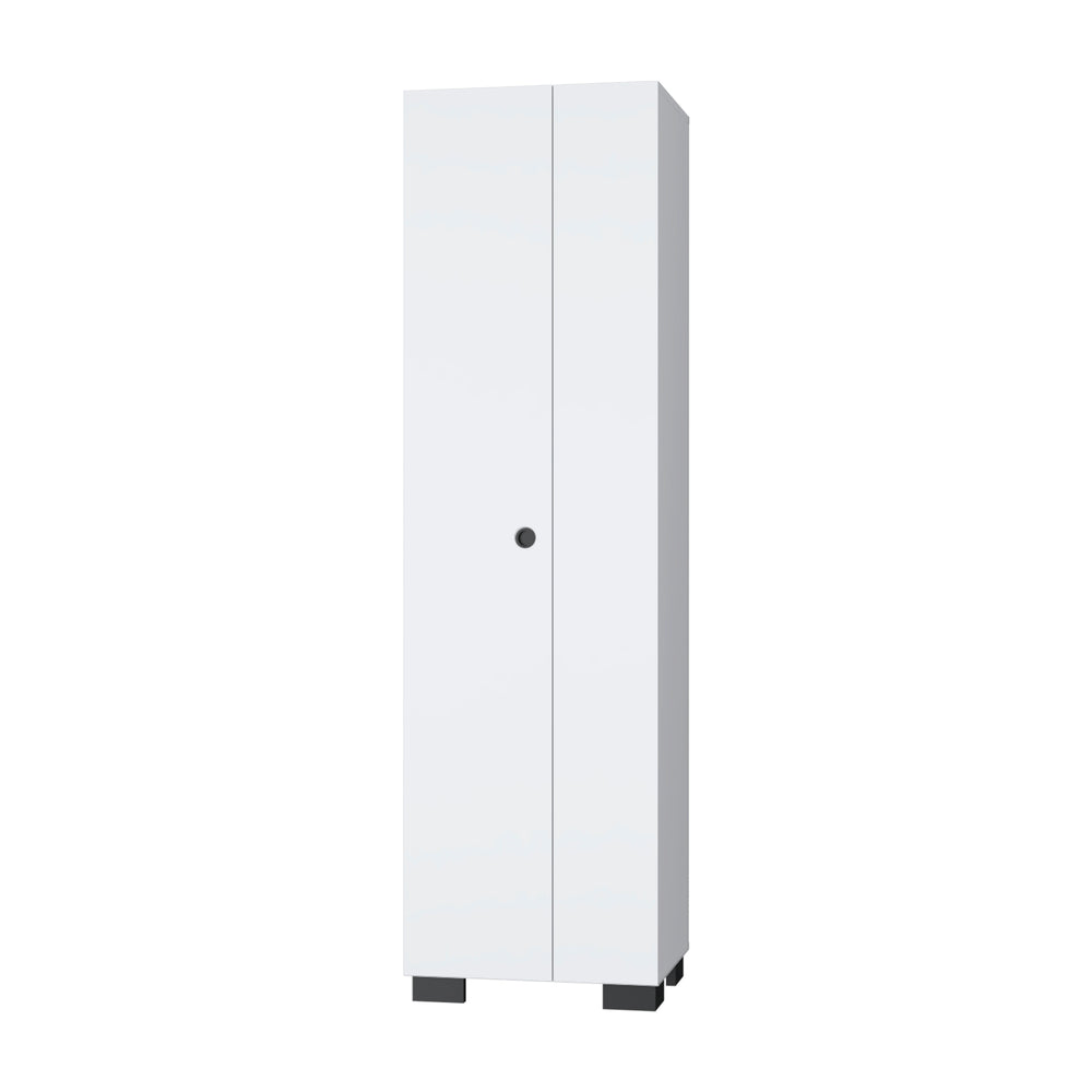 English Elm FM Aiken Broom Cabinet White – Narrow Storage Cabinet with Inner Shelves, 3 Broom Hangers & Doors B128S00058