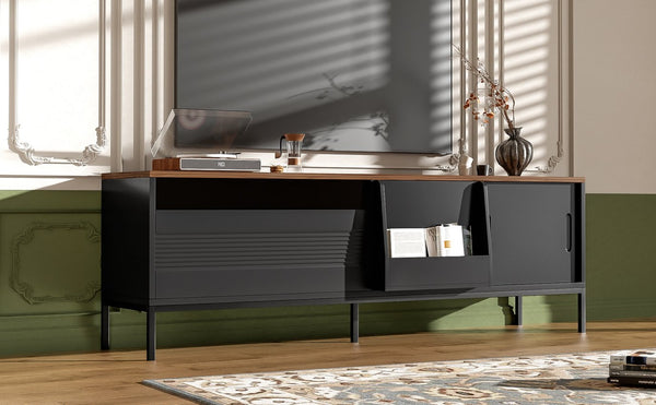 English Elm U-can Mid Century Walnut Media Console with Sliding Doors and Metal Frame for Living Rooms Black N724P360370B