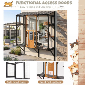English Elm Outdoor Fir Wood Window Catio Enclosure with Four Climbing Platforms for Cats Black,Brown N719P418371D