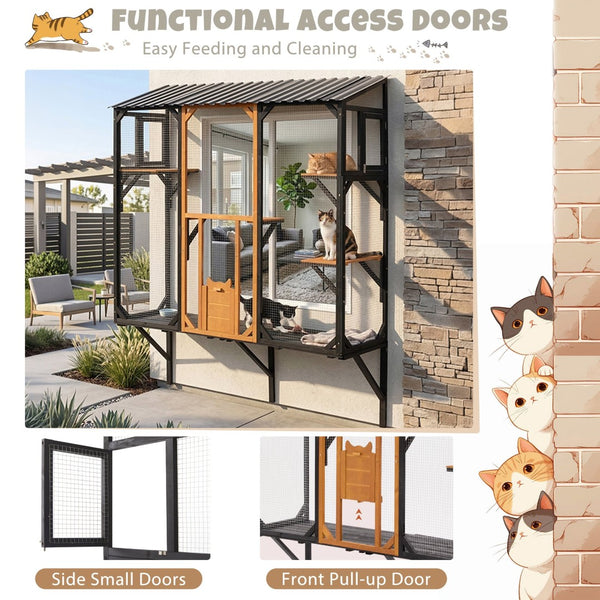 English Elm Outdoor Fir Wood Window Catio Enclosure with Four Climbing Platforms for Cats Black,Brown N719P418371D