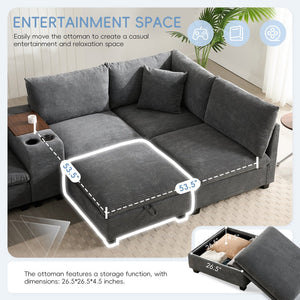 English Elm 140'' Oversized Modular Sectional Sofa with Movable Storage Ottoman, USB Charger, Console, 6-Seater U-Shaped Corduroy Gray N723S0166E