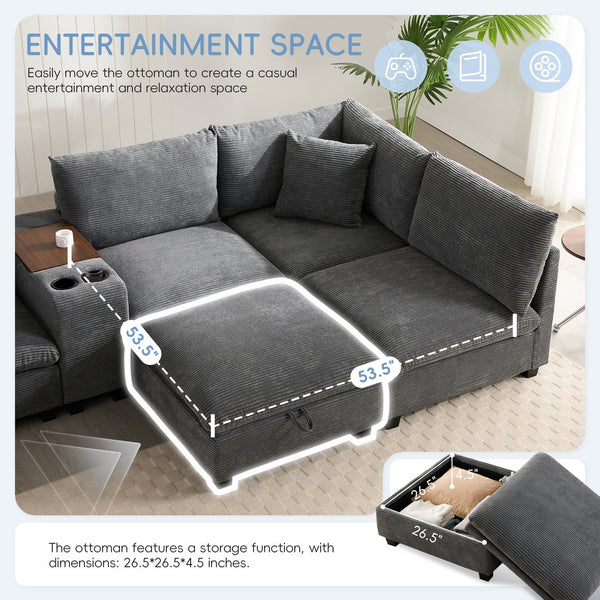 English Elm 140'' Oversized Modular Sectional Sofa with Movable Storage Ottoman, USB Charger, Console, 6-Seater U-Shaped Corduroy Gray N723S0166E