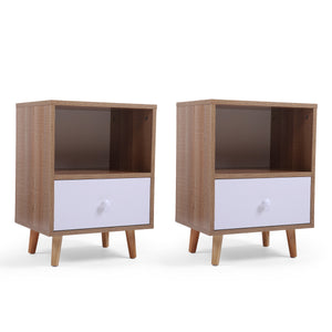 English Elm Set of 2 Mid Century Nightstands with Drawer & Shelf, Natural White Accent Tables for Bedroom Living Room W2181P357558