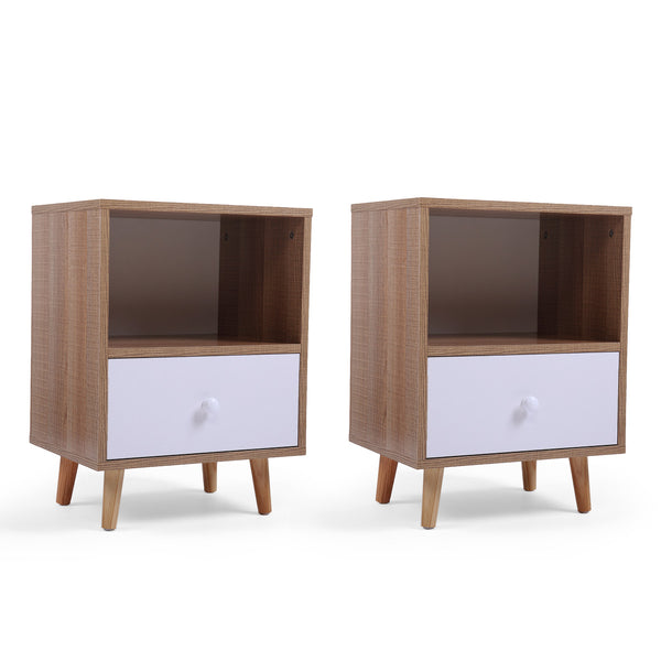 English Elm Set of 2 Mid Century Nightstands with Drawer & Shelf, Natural White Accent Tables for Bedroom Living Room W2181P357558