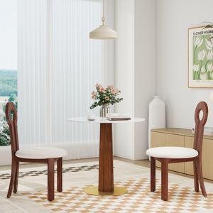 English Elm Modern Round Dining Table, 33.5" Sintered Stone Top With Wooden Legs & Gold Base For Compact Spaces W1535S00600