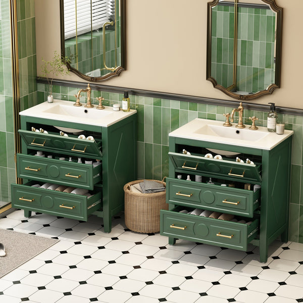 English Elm 60'' Freestanding Bathroom Vanity With Ceramic Sink, Charming Green Finish & Ample Storage Space N710SS00003F