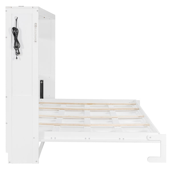 English Elm Queen-size Murphy Wall Bed with Led Ambient Lighting Usb Outlet and Graphic Panel White LP000357AAK