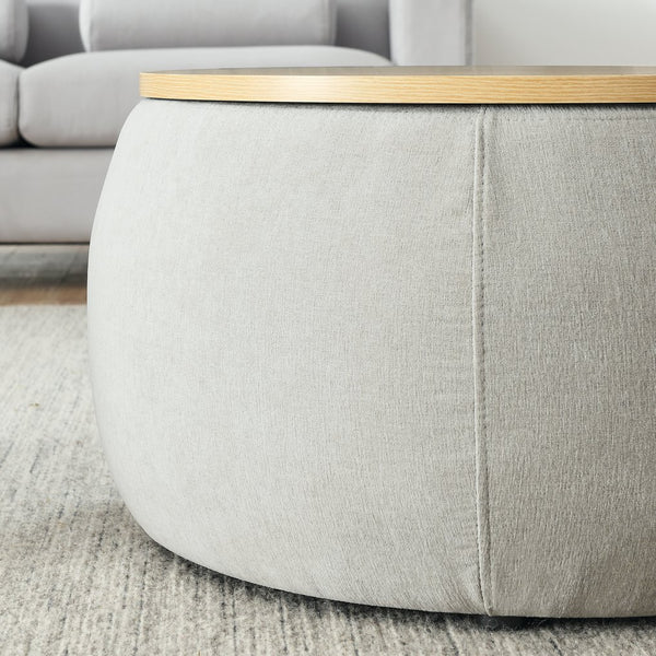 English Elm Round Storage Ottoman with Removable Top and Hidden Compartment, Eucalyptus Frame, 250lb Capacity LIGHT GREY W487P165699