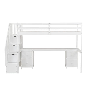 English Elm Twin Loft Bed with Built-In Desk and Double Storage Drawers, Pine & MDF Frame for Small Rooms White GX000382AAK