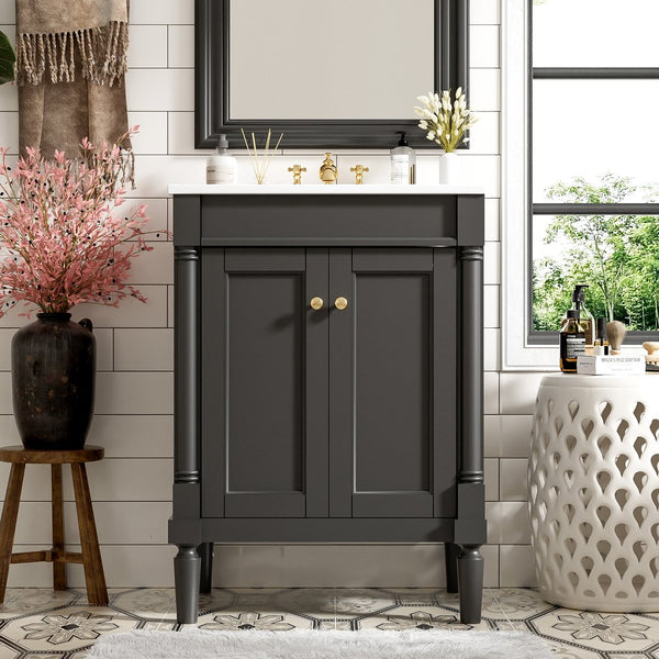 English Elm 24'' Modern Bathroom Vanity with Ceramic Basin, Solid Wood Frame, Soft-Close Doors, Ample Storage Black N710P190503B