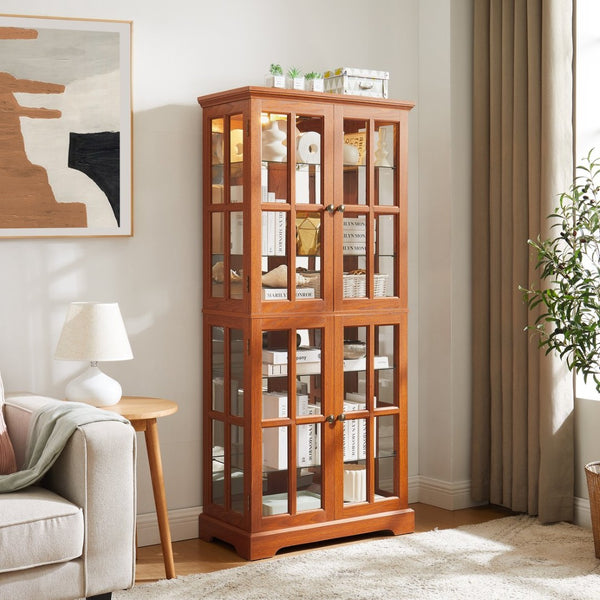 English Elm Vintage Curio Display Cabinet With Adjustable Shelves & Led Lighting - Elegant Dark Oak Showcase For Home W1758P300119-GIGA