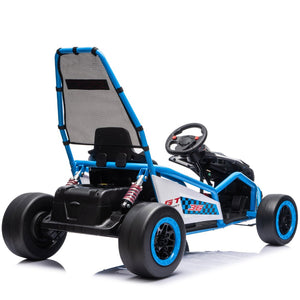 English Elm 24v Dual Motor Kids Go Kart with Drift Mode Roll Cage and Rear Suspension Ages 6 to 12 Blue W1578P454056