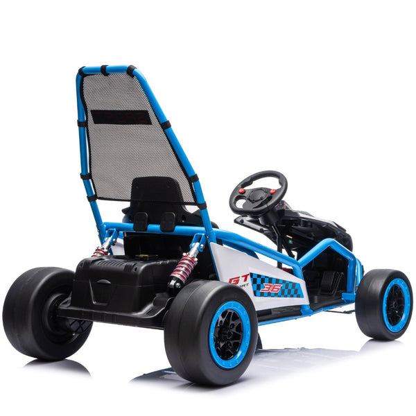 English Elm 24v Dual Motor Kids Go Kart with Drift Mode Roll Cage and Rear Suspension Ages 6 to 12 Blue W1578P454056
