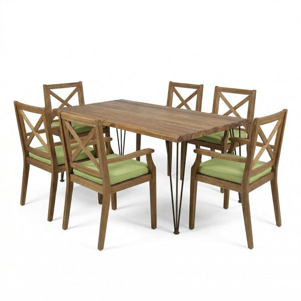 English Elm 7 Piece Solid Acacia Outdoor Dining Set Hairpin Legs Teak Finish Six Seat Patio N762S000044AAF