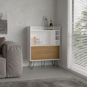 English Elm Tori 42" Tall One-Door Bar Cabinet with 3 Cubbies, 3 Shelves, Prep Surface & Rail, White Oak Chic B200P286936