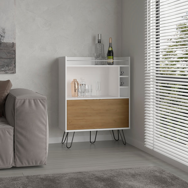 English Elm Tori 42" Tall One-Door Bar Cabinet with 3 Cubbies, 3 Shelves, Prep Surface & Rail, White Oak Chic B200P286936