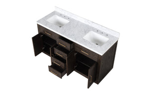 English Elm Brown Oak Double Bath Vanity With Carrara Marble Top - 60" W X 22" D, Fully Assembled Elegance B2731P257730