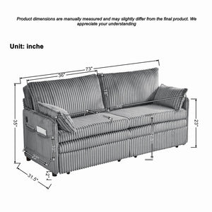 English Elm 73"convertible Corduroy Sleeper Sofa with Usb Port and Side Pocket for Studio Apartments Grey W3373P405036
