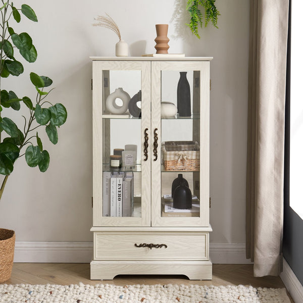 English Elm Lighted Glass Curio Cabinet - Elegant 2-Door Display With Adjustable Shelves & Integrated Lighting, White Finish W1758P300115