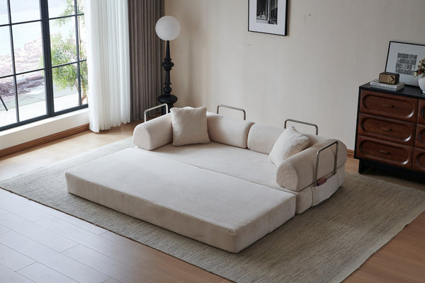 English Elm 78.8" Corduroy Modular Floor Sofa Convertible Sleeper Futon with Pillow Back Support Off White W5617P456003