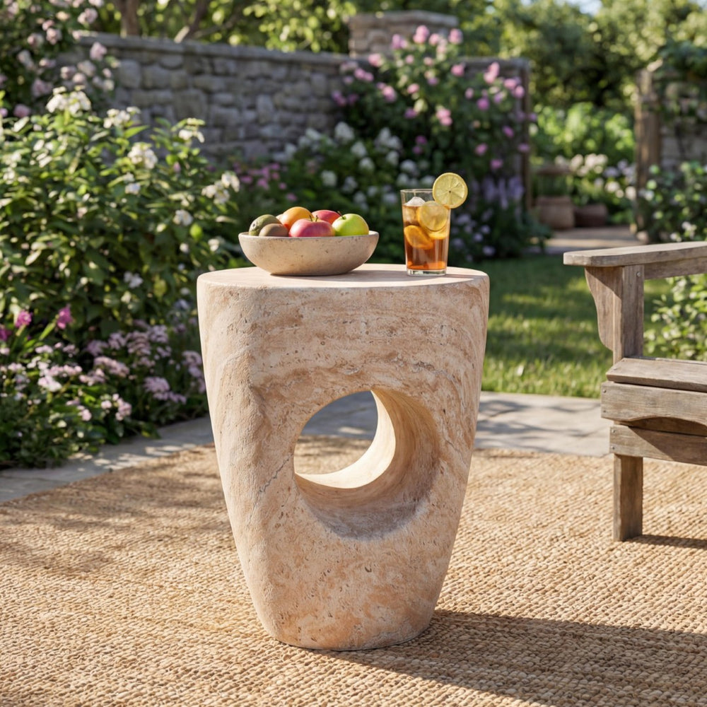 English Elm 14.5'' Sculptural Drum Side Table Magnesium Oxide Hollow Modern Indoor Outdoor Accent N767P290454T