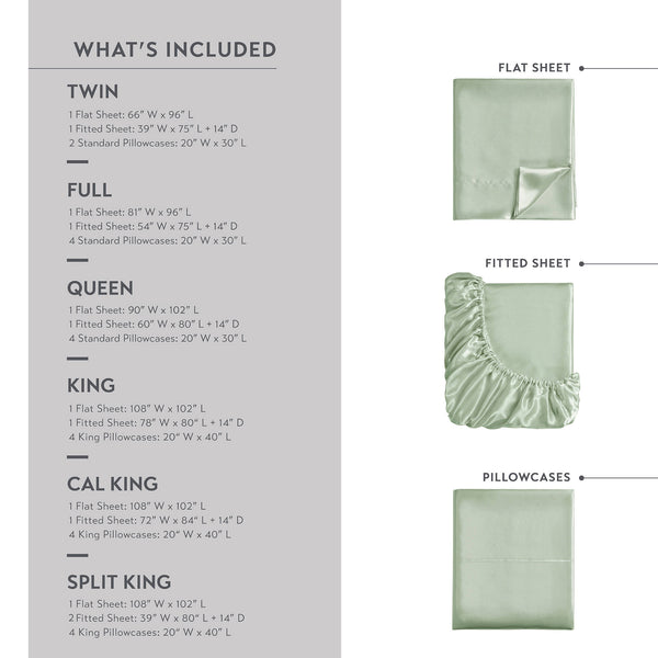 English Elm Satin Split King Sheet Set Luxury 100% Polyester Satin 90g Smooth Soft Deep Pocket Bedding Sage 11.81 L x 9.84 W x 3.54 H B035P294187