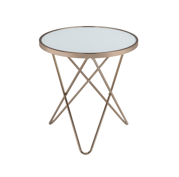 English Elm 1pc Mid-Century End Table with Frosted Round Glass Top and Sleek Metallic Frame, 22" Square Champagne 24.5 L x 33.5 W x 5 H B2741P332643