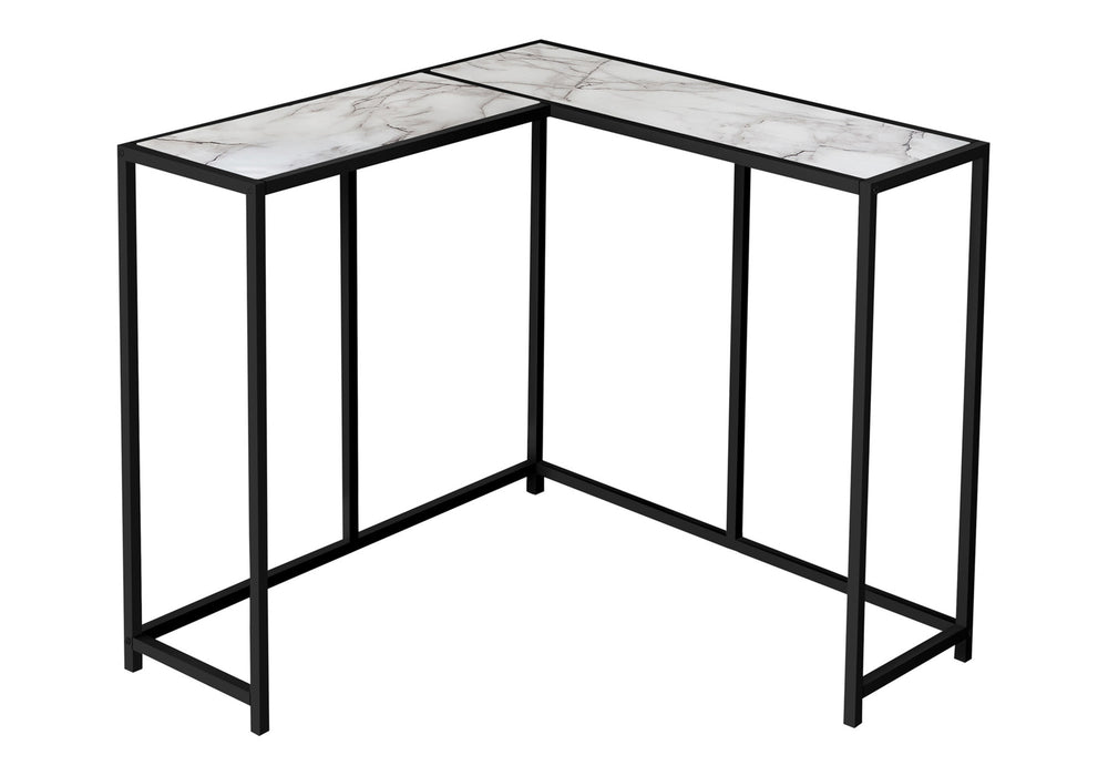 English Elm Accent Table - Elegant L-Shaped Design, White Marble Top & Black Metal Frame For Modern Spaces B2710P218965