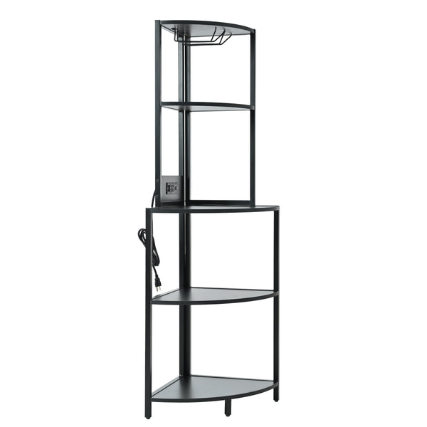 English Elm 5 5 Tier Corner Shelf LED with USB Plug, Black Metal+MDF Tall Narrow Standing Shelf for Corners W420P207358