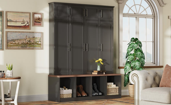 English Elm [Assembly Video] Farmhouse Hall Tree with Walnut Bench, 8-Door Shoe Cabinet, 4 Hooks & Open Storage Organizing Entryway Black N721S000059B