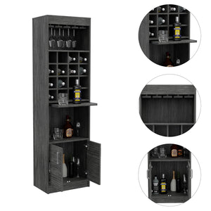 English Elm Kava Smokey Oak Bar Cabinet with Concealable Tray, 16 Bottle Cubbies, 12 Glass Rack, 71" High B200S00107