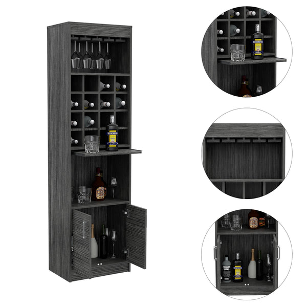 English Elm Kava Smokey Oak Bar Cabinet with Concealable Tray, 16 Bottle Cubbies, 12 Glass Rack, 71" High B200S00107