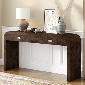 English Elm U_style Burl Veneer Console Table with Two Drawers for Foyer Living Room Hallway Dark Brown N711P216235P
