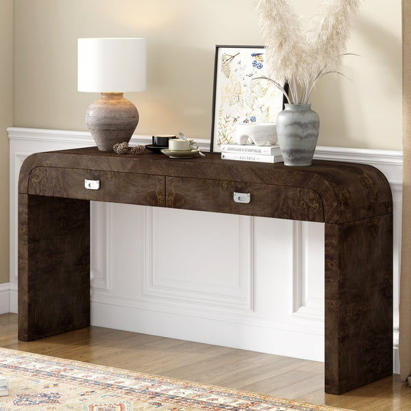 English Elm U_style Burl Veneer Console Table with Two Drawers for Foyer Living Room Hallway Dark Brown N711P216235P