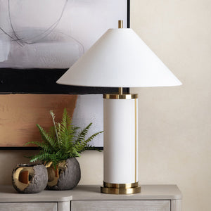 Crestview Collection 29.75"H Modern Metal Table Lamp With Elegant White Linen Shade & Luxurious Gold Accents, 150w   Cvazer182