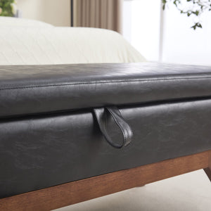 English Elm COOLMORE Teddy fabric storage bench with solid wood feet, hidden compartment for tidy bedroom organization Black PU W1539P242727